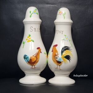 Vintage Tall Hen Rooster Salt and Pepper Shakers 7” Hand Painted Farmhouse Decor
